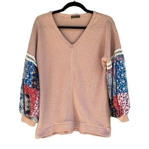 MIHOL Waffle Knit Patchwork Sleeve V Neck Top